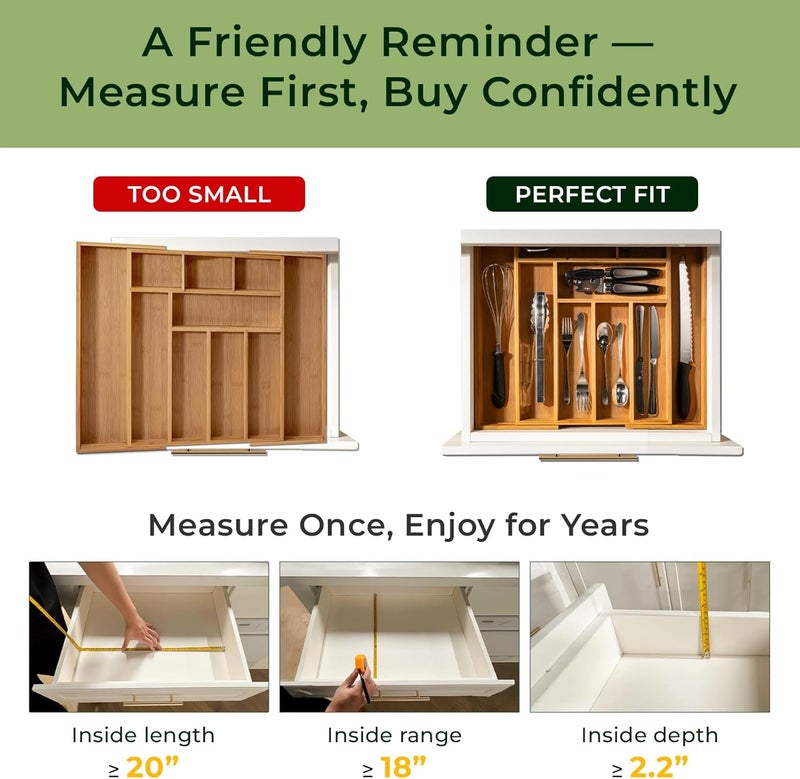 keechee Carbonized Bamboo Kitchen Drawer Organizer, 10 Slots Expandable Silverware Organizer, Utensil Holder & Cutlery Tray, 2.2" Deep for Extra Capacity, Non-Slip Feet Included - Image 2